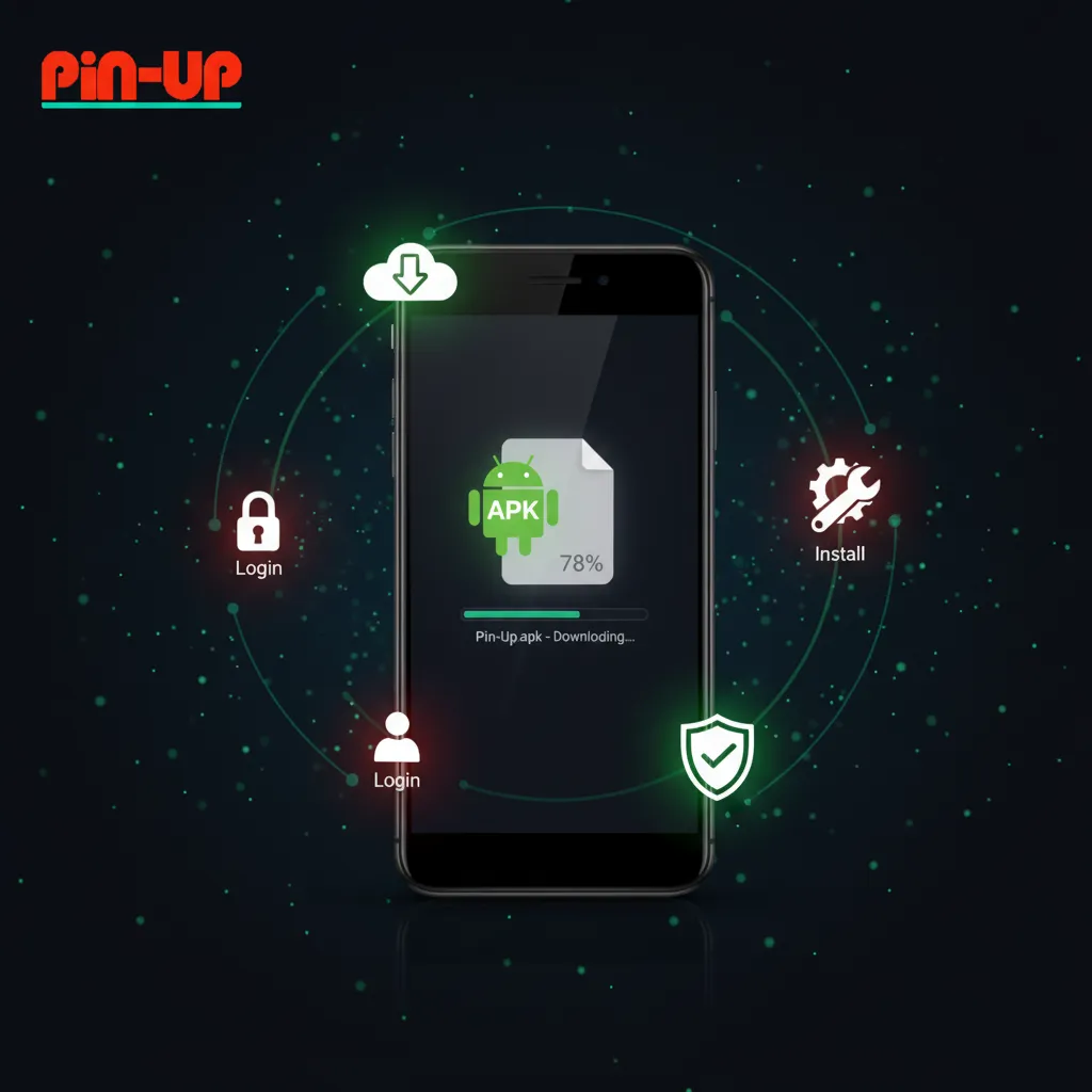 Android screen showing four-step guide to download and install the Pin-Up APK, quick setup and instant login