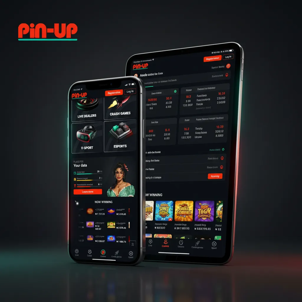 iPhone and iPad screens showing Pin-Up app: sports, casino, live bets, cashout, NGN payments.